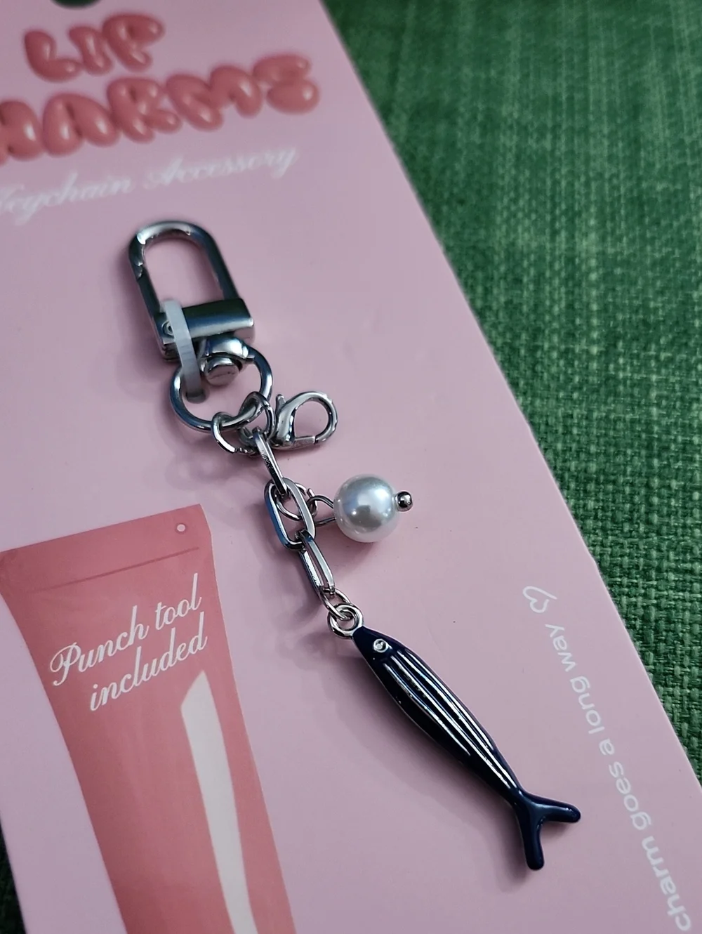 Lip Charms Pink Keychain with Navy Fish & Pearl Charm